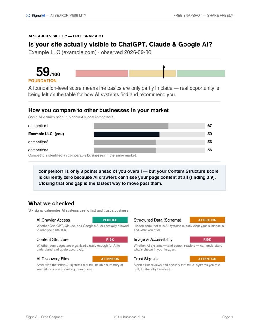 First page of a sample Free Snapshot showing a score of 59 out of 100, a competitor comparison and six checks
